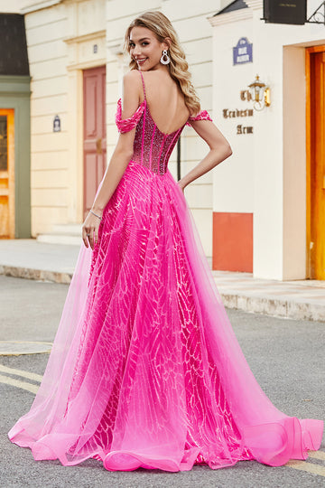 Vestido de fiesta de corsé rosa caliente brillante de Shoudler frío de una línea con abalorios